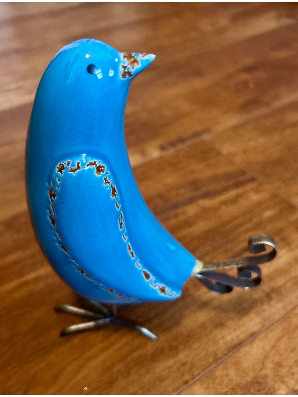 Blue Ceramic Bird Figurine with Metal Feet and Tail